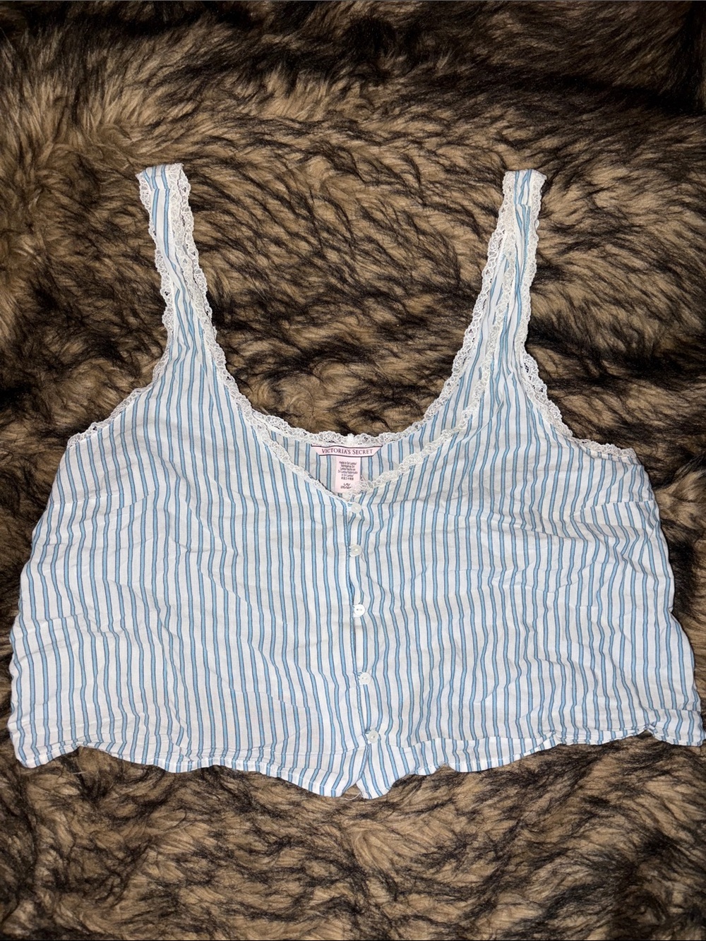 Victoria's Secret Light Blue & White Striped Lace-Trim Cropped Sleep Tank Size L
